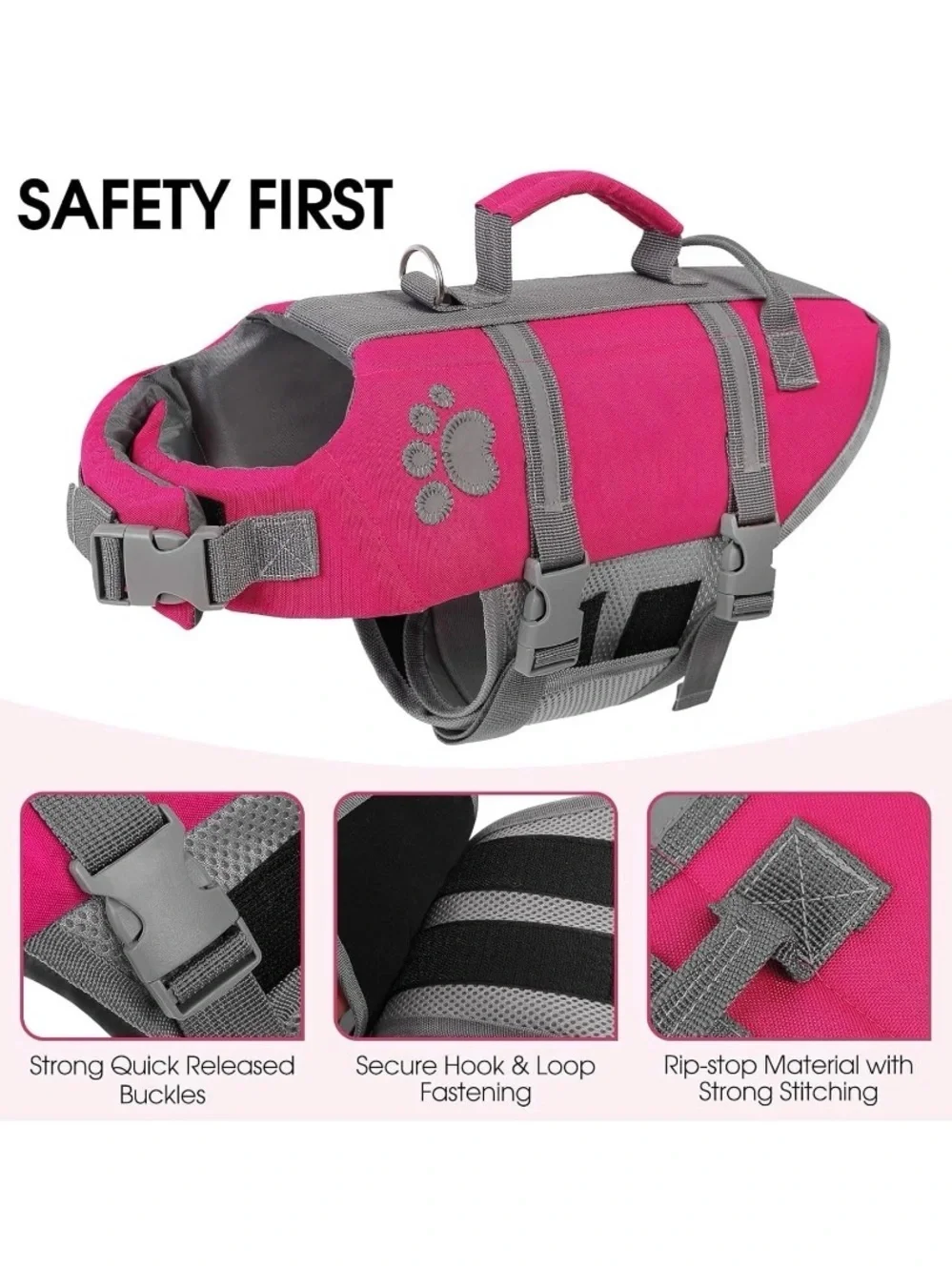 Pink Dog Life Jacket Vest with Safety Handle, Size Medium